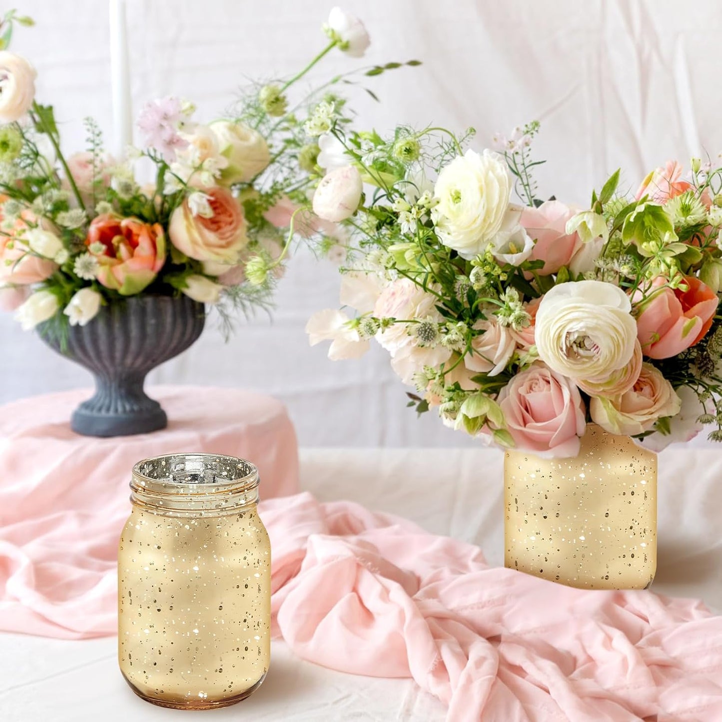 Layhit 6 Pcs Painted Mason Jars Colored Painted Mason Jars Centerpiece for Table with 6 Pcs 9.84 ft 30 LED Operated Fairy Lights for Wedding(Gold)