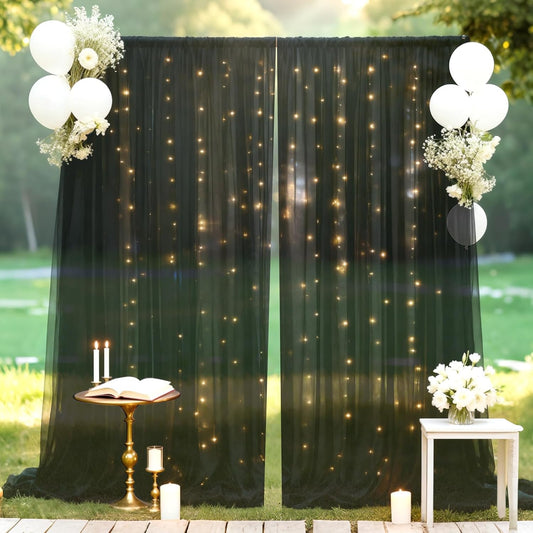 Ledido 10×8ft Tulle Backdrop Curtains with Lights String - 300LED Fairy Lights Sheer Curtain Backdrop for Weddings Baby Shower and Birthday Party Decorations(8 Panels 5×8ft)
