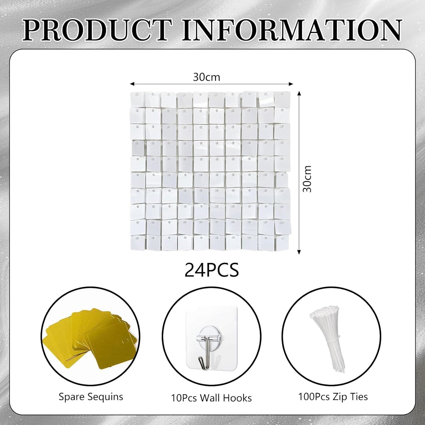 24PCS White Shimmer Wall Backdrop, Square Sequin Photo Backdrops Panel, Glitter Wall Background for Birthdays, Weddings, Christmas, Engagements, Disco Bachelorette Party Decoration (4FTx6FT)