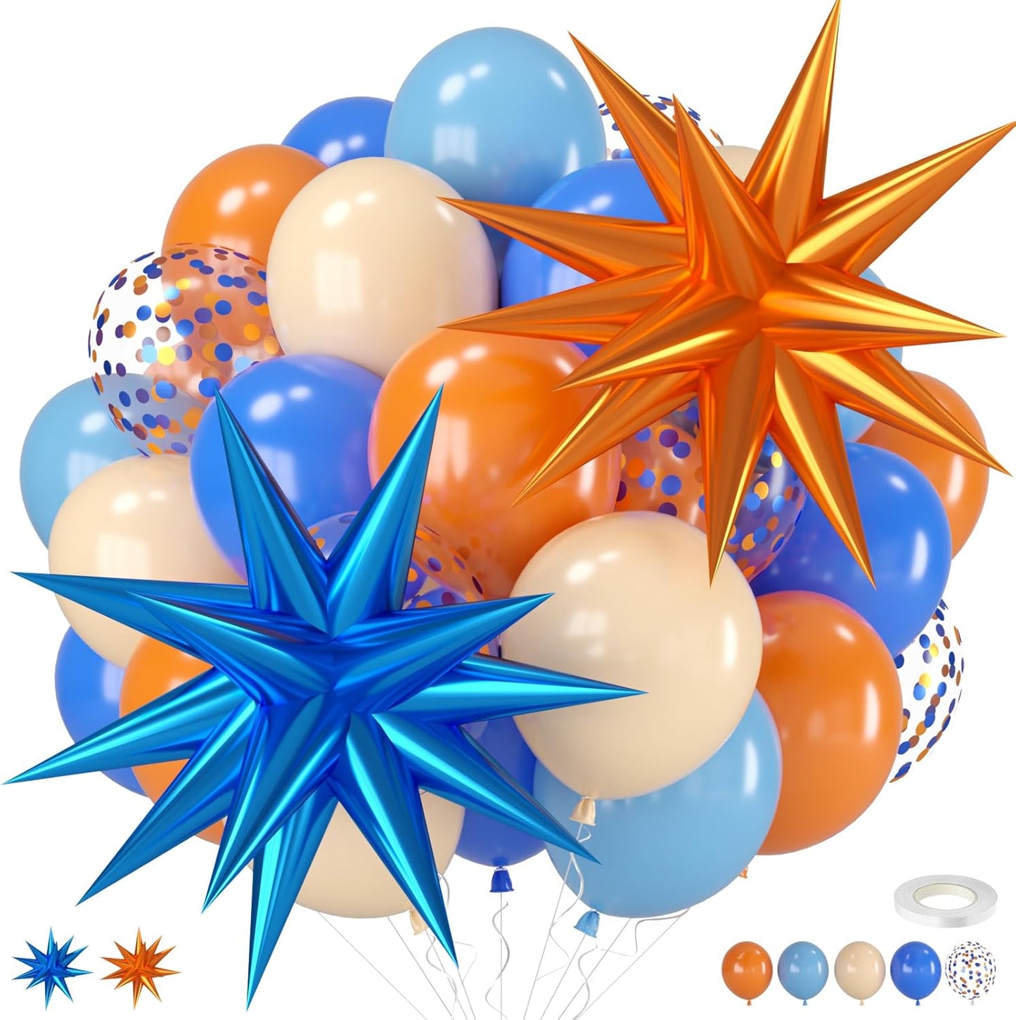 Blue and Orange Balloons, 12 Inch Orange Light Blue Nude Dark Blue Confetti Balloons with Star Foil Balloon for Boys Birthday Party Baby Shower Graduation Decorations