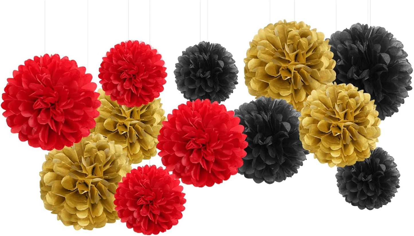 Red-Black Gold Party-Decorations Tissue Pom-Poms - 12pcs Game Night Casino-Theme Graduation Paper Flowers Garland,Birthday Wedding Baby Bridal Shower Decor Panduola