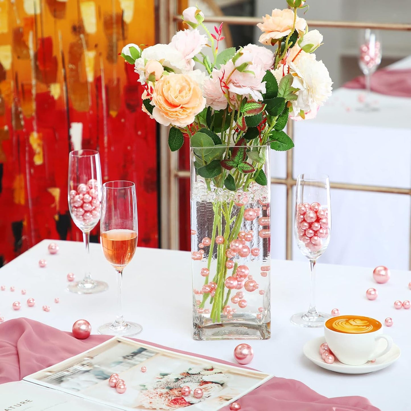 150 Pieces Vase Filler Faux Pearls Vase Makeup Beads No Hole Gloss Bead Mixed Sizes Round Pearl for Home Party Wedding Decor, 8/14/20 mm(Rose Gold)