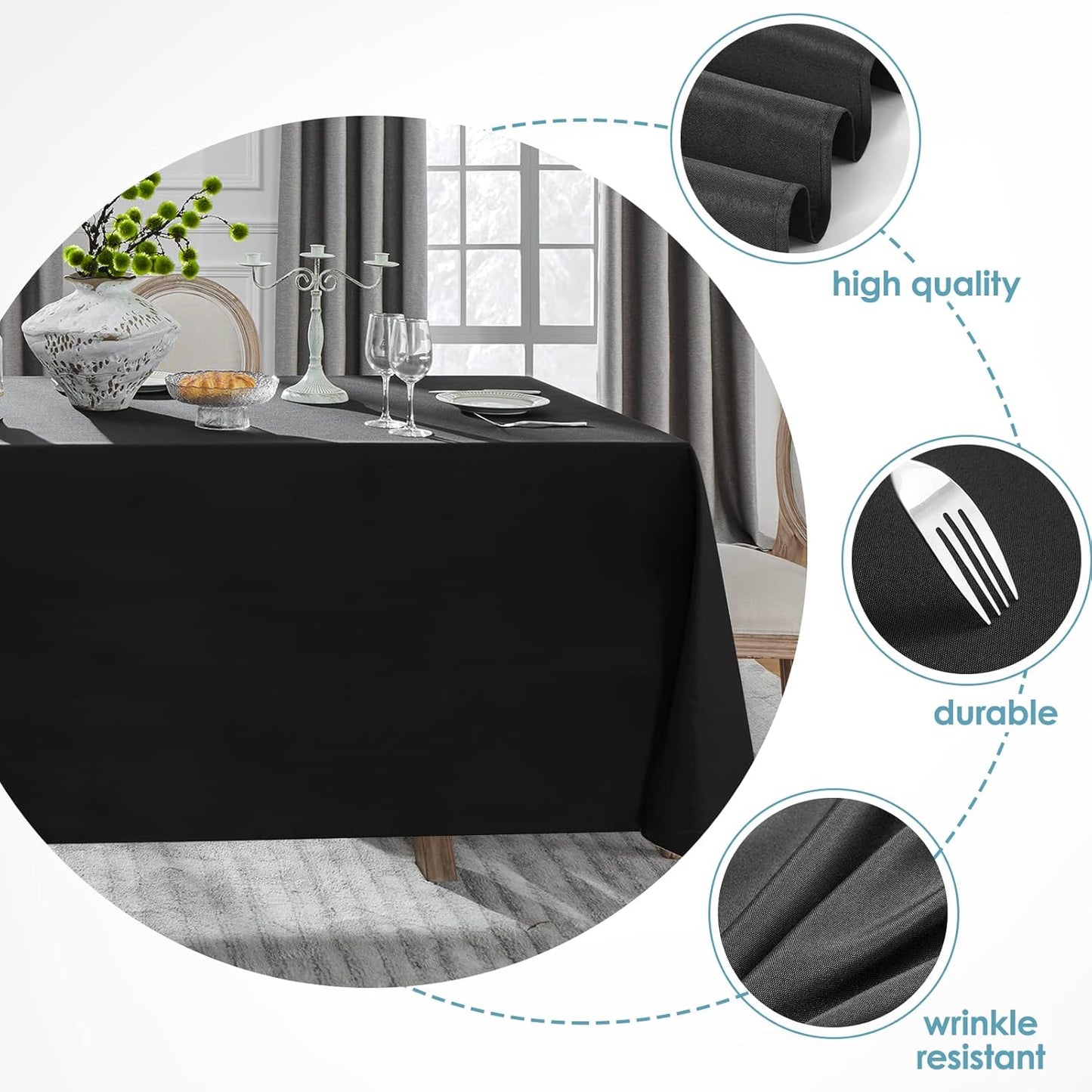VidaFete 2 Pack 90*132inch Rectangle Tablecloth Polyester Table Cloth，Stain Resistant and Wrinkle Polyester Dining Table Cover for Kitchen Dinning Party Wedding Rectangular Tabletop Decoration(Black)