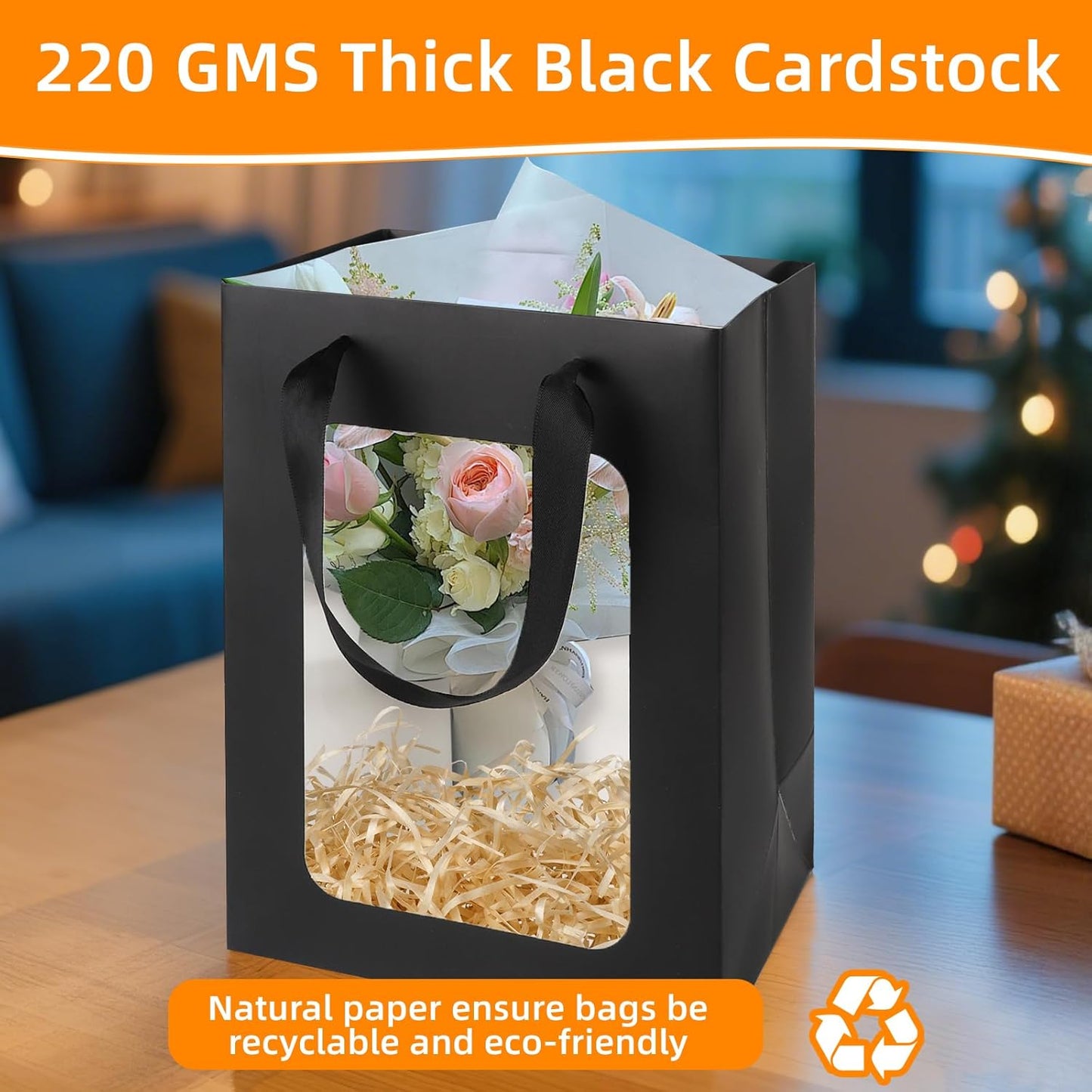 MOXARYSU 6 Pcs Black Gift Bags with Clear Window: 9.8x5.1x7.1 Inch Medium Kraft Paper Bags with Handle For Party Business Birthday Wedding (Black, 6p)