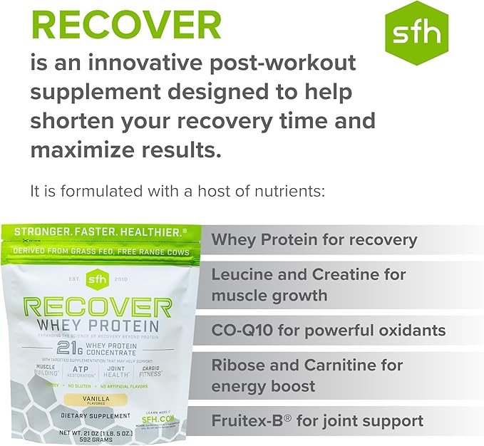 SFH Recover Whey Protein Powder (Vanilla) Great Tasting Grass Fed Whey for Post Workout | All Natural | No Soy, No Gluten, No RBST, No Artificial Flavors (20 Serving Bag)