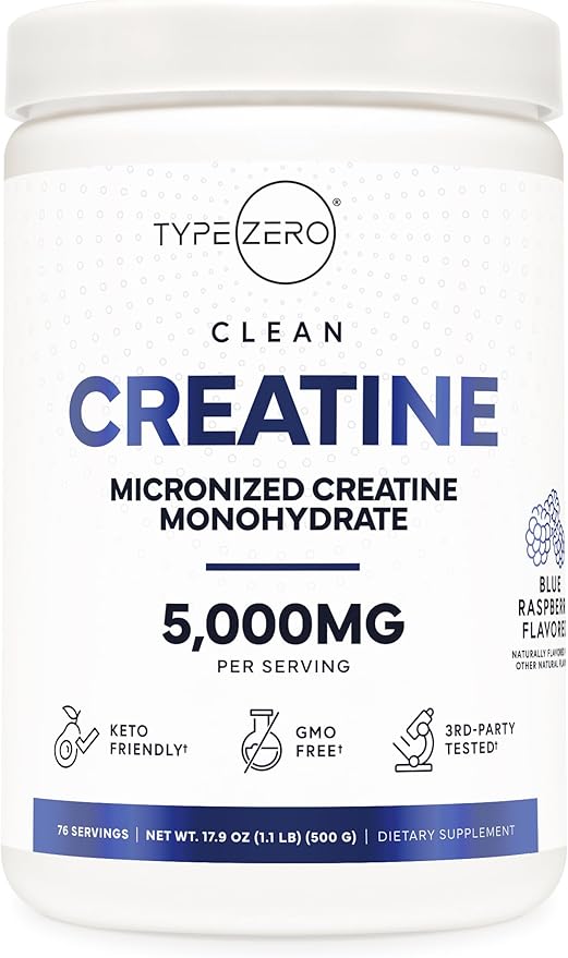 Type Zero Creatine Monohydrate Powder 500 Grams, Blue Raspberry Flavor - Gluten-Free