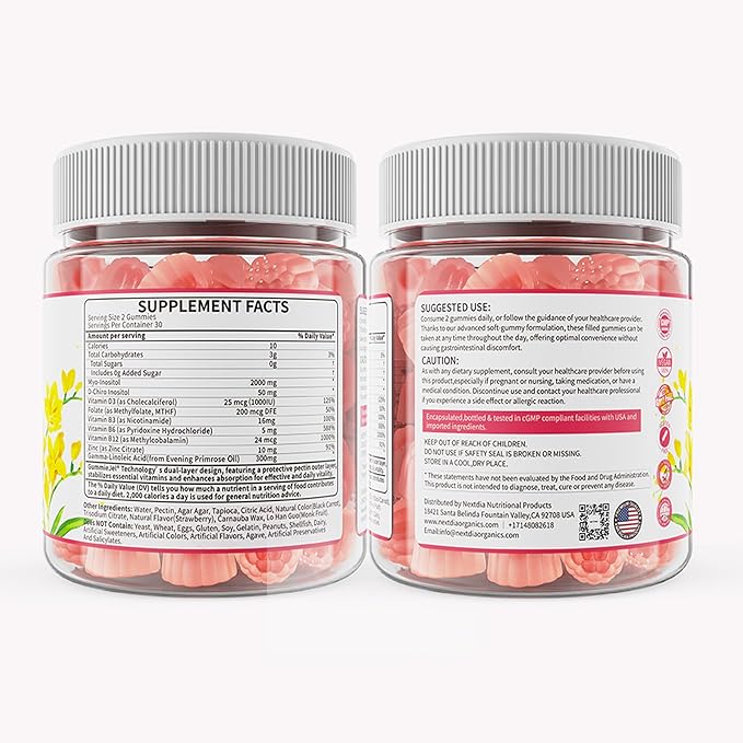 Myo-Inositol & D-Chiro Inositol Gummies with Evening Primrose Oil for Women - 40:1 Ratio Supplement Plus Vitamin D3, Methyl Folate & B12 for Hormonal Balance, Cycles & Ovarian Health, Vegan (60ct)