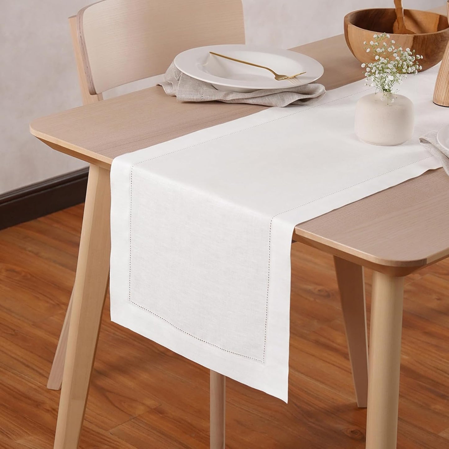 White Hemstitch Table Runner 36 inches – 100% Pure Linen Small Table Runner 14 x 36 Inch Ideal for Dresser and Coffee Tables – Elara, Spring, Summer, Wedding Decorations, Gift