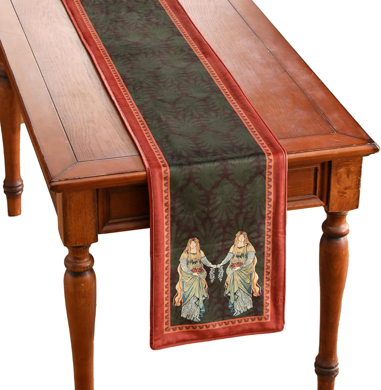 patdrea Designer Mysterious Oil Painting Figures Velvet Table Runner, Brown Green with Palm Frond Pattern Table Mat, Decoration for Kitchen Dining Coffee Table Cabinet Banquet Thanksgiving,12"*102"