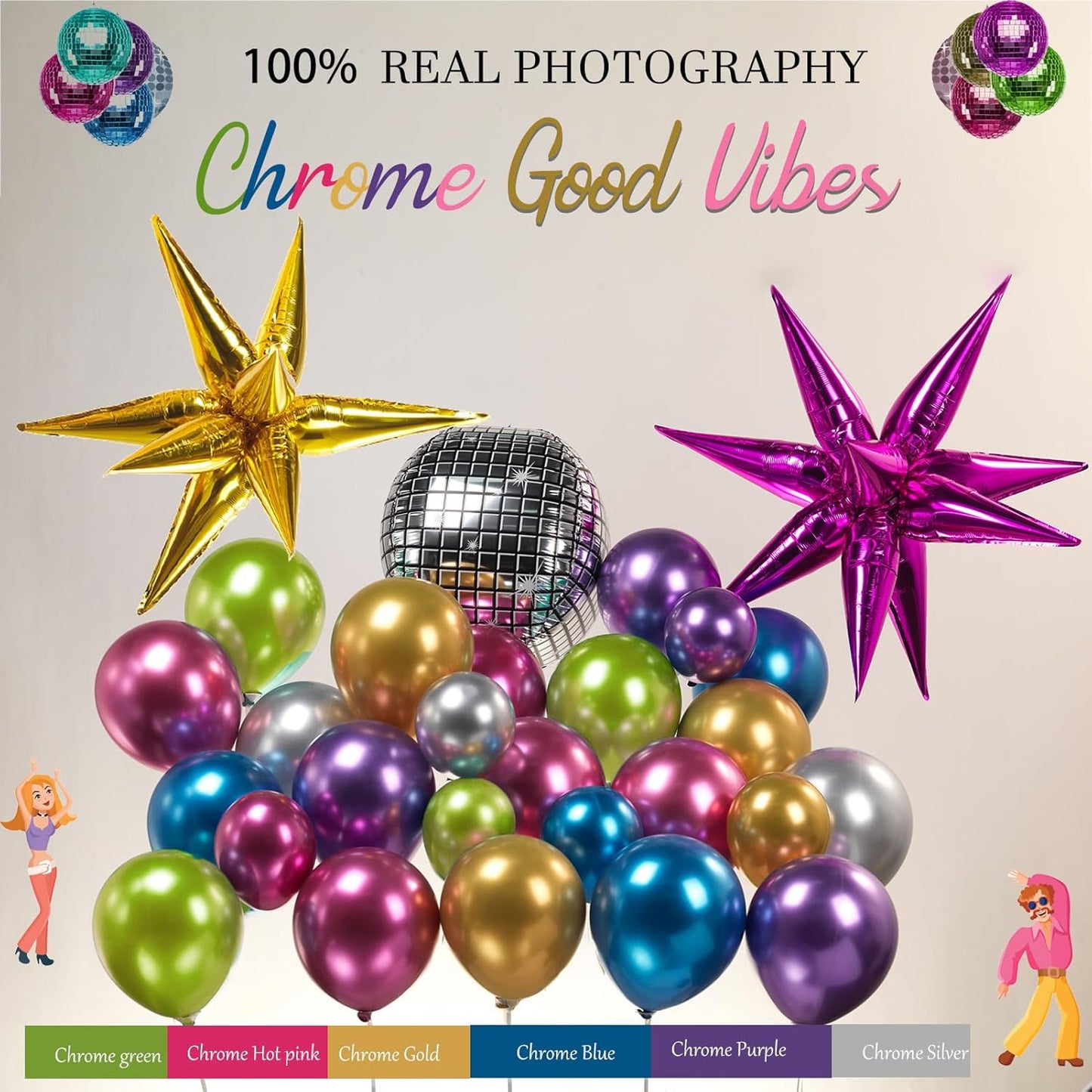 Metallic Balloon garland kit 150PCS Hot Pink Purple Green Blue Silver Gold Latex star 80s 90s Disco ball Party Balloons for Birthday graduations class of kpop fans prom last bachelorette Decoration