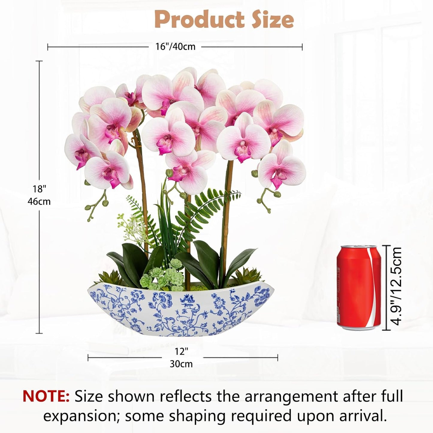 Briful Orchid Artificial Flowers 18in Pink Fake Orchid Silk Flowers with Blue and White Ceramic Pot Faux Phalaenopsis Arrangement for Home Office Room Dining Table Centerpiece Modern Decor