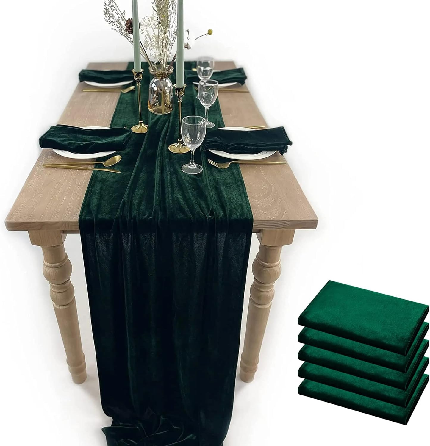 Luxurious Velvet Table Runner, 10ft Wedding Reception Decorations, 20x120inch Soft Velvet Fabric, Table Linen Overlay, Wedding Table Runners (Emerald Green, 20X120inch, 5pack)