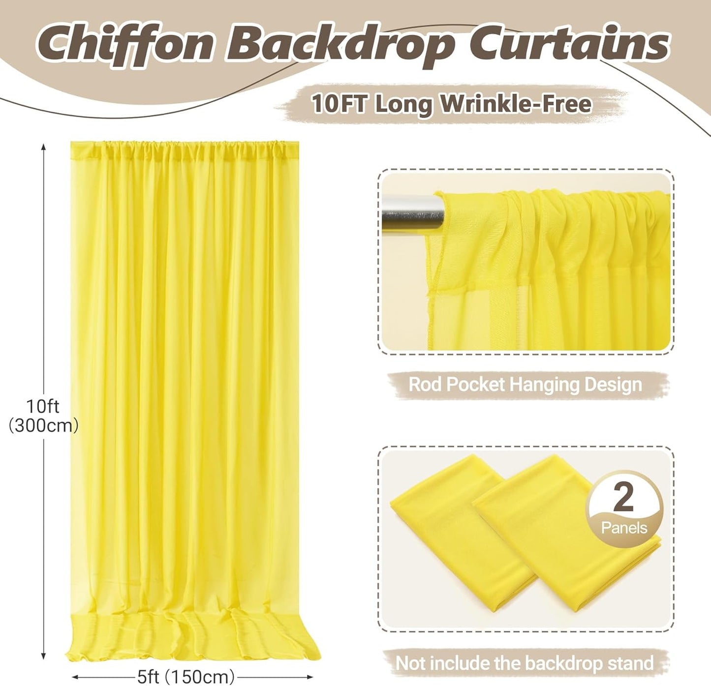 10ft x 10ft Yellow Backdrop Curtain Drapes, Wrinkle-Free Sheer Chiffon Fabric Photo Backgroud Panels for Wedding Arch Party Ceremony Stage Photography Decoration