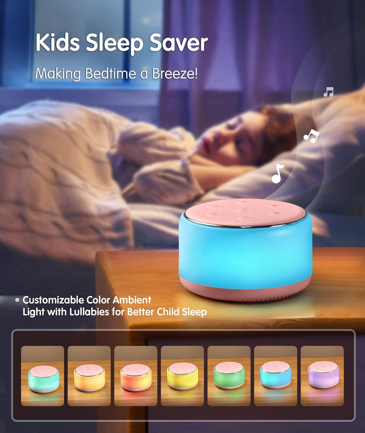 FamiSym Portable Sound Machine for Babies Kids Sleeping – Rechargeable, 7 Colors Night Light, 34 Soothing Sounds, Baby Sleep Soother, Lullaby White Noise Machine, Shush, Baby Shower, Registry Gift