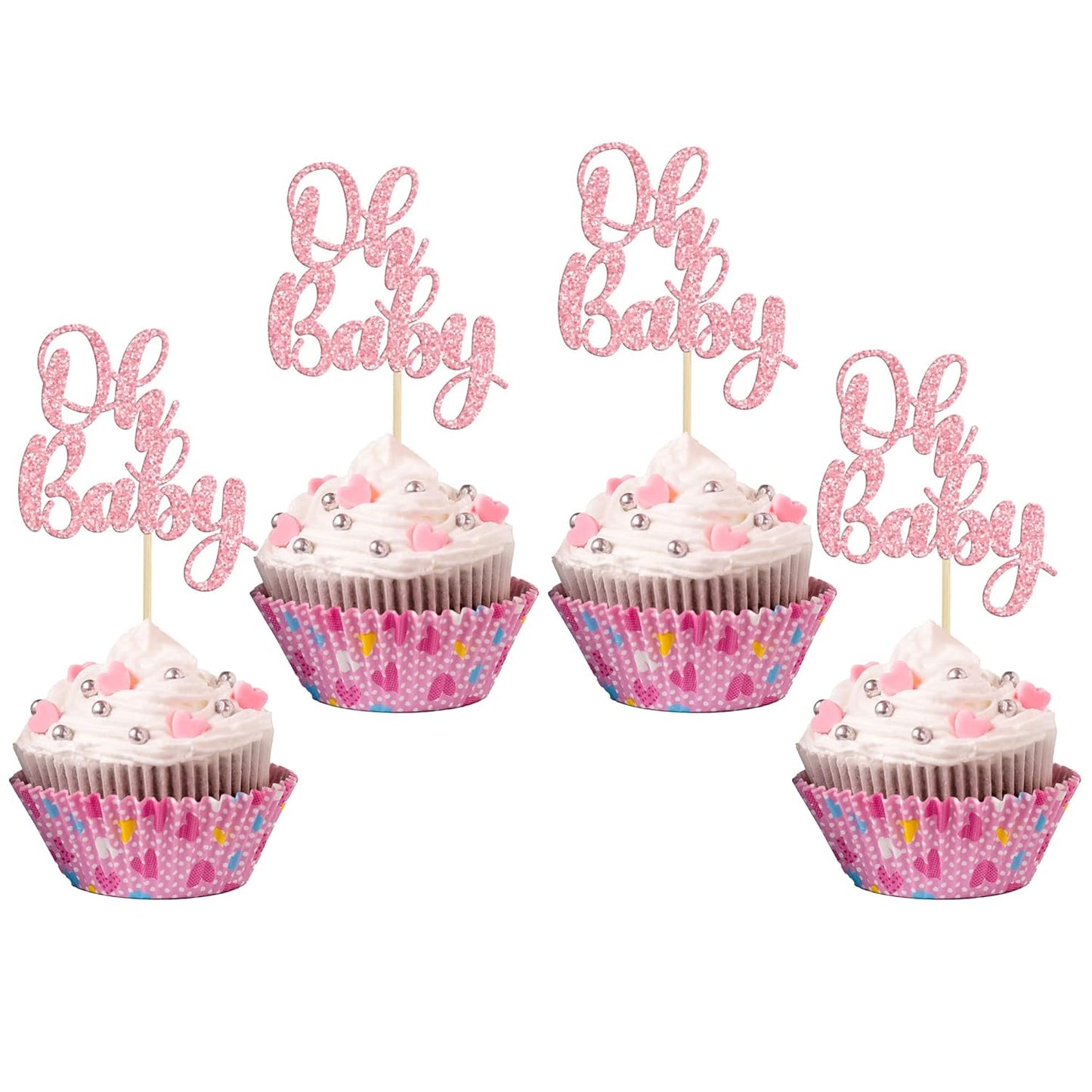 Gyufise 36 Pack Pink Glitter Oh Baby Cupcake Topper Picks for Baby Shower Party Cake Decorations Party Supplies