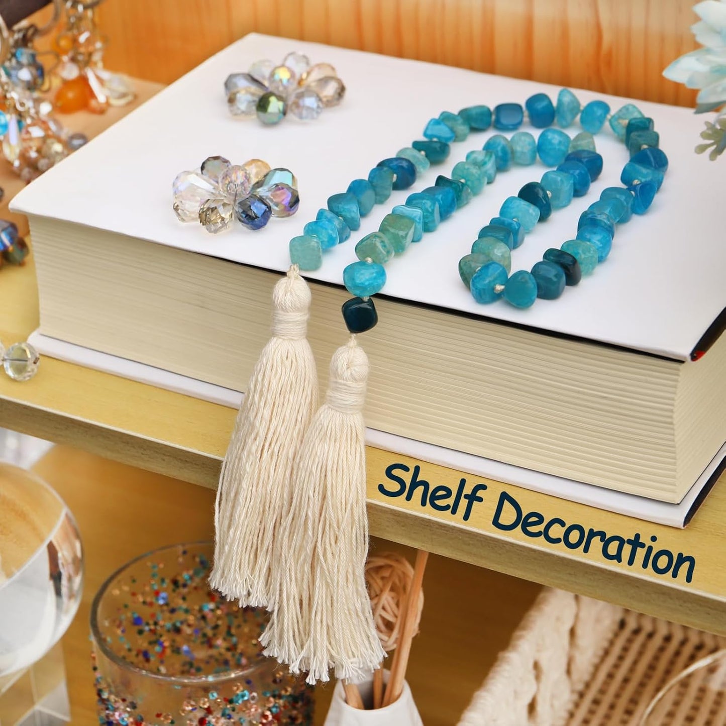 Agate Stone Hand Knotted Garland Modern Farmhouse Rustic Table Home Decor, 30inch Meditation Accessories with Tassel, Prayer Healing Beads Boho Wall Shelf Hanging Decoration (Sky Blue)