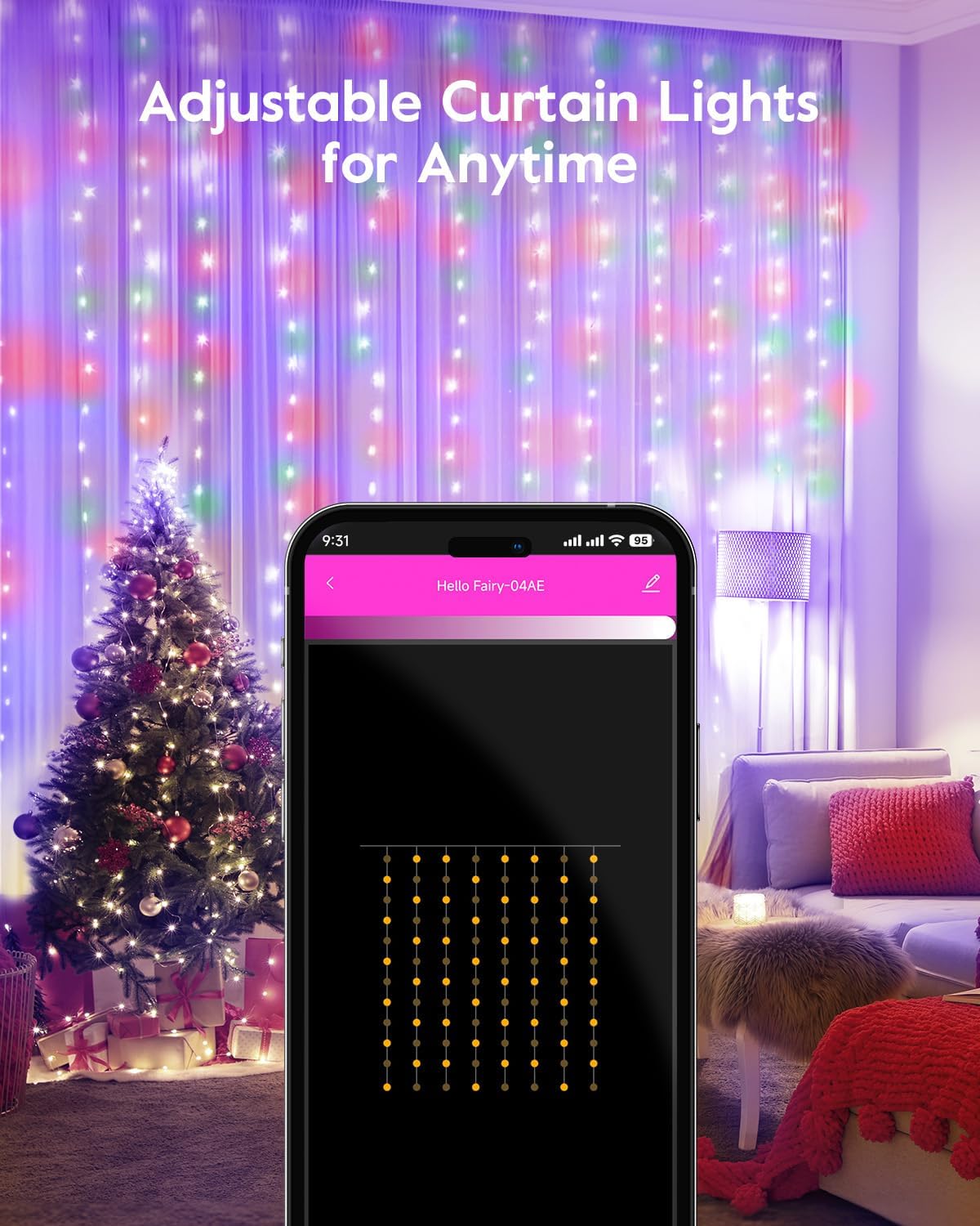 Brightown Smart Curtain String Lights - 9.8ft 300 LED Fairy Lights with APP Remote, 8 Modes, USB Powered Waterproof Christmas Hanging Lights for Bedroom Wedding Party, Multicolor