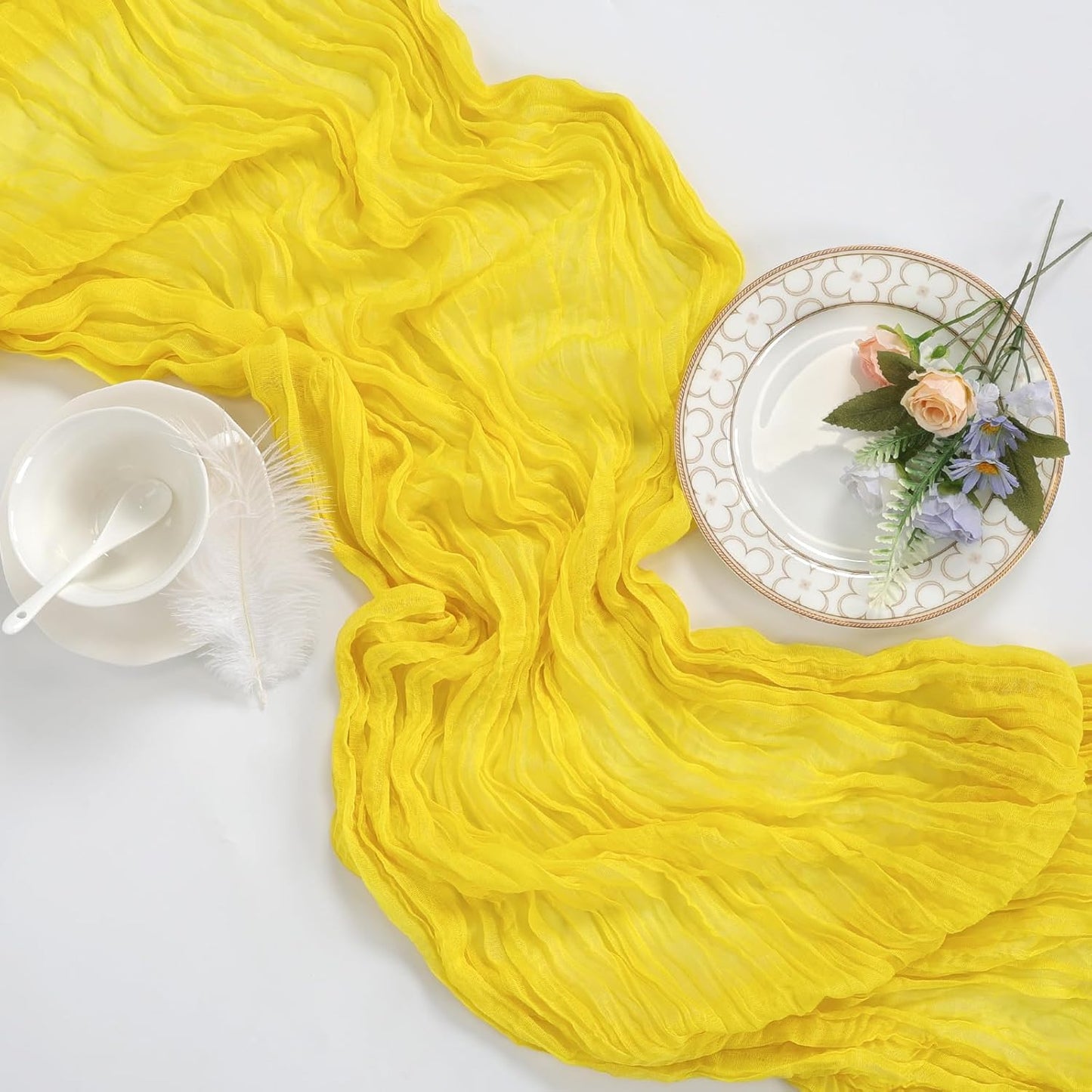 12 Pack Lemon Yellow Cheesecloth Table Runner 10ft Boho Gauze Fabric Cheese Cloth Table Runner 35 x 120 Inch Rustic Sheer for Romantic Wedding Decor Baby Shower Party Table Centerpiece Decoration