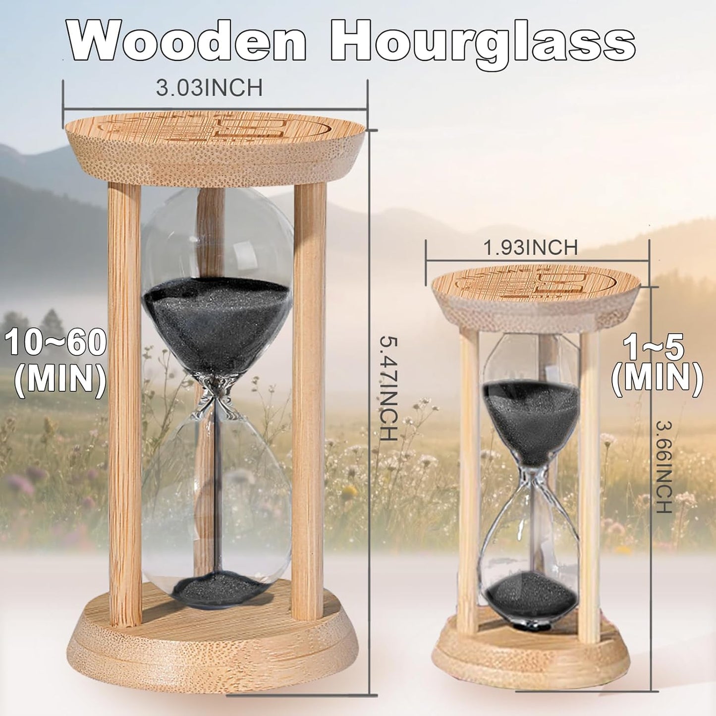 10 Minute Wooden Sand Timers, Bamboo 1Black Sand Hourglass for Productivity, Meditation & Decor, 10min Reloj De Arenai for Kitchen, Office, Yoga, Game, Classroom