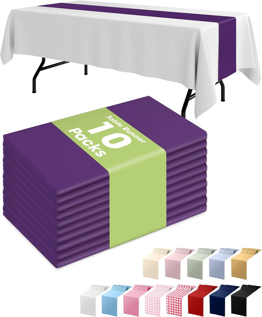 Pureegg Purple Plastic Table Runners - 10 Pack, 14'' x 108'', Water Resistant & Disposable Centerpiece Decorations for Table Cloth, Wedding, Birthday, Holiday, Baby Shower, Party, Home Decor