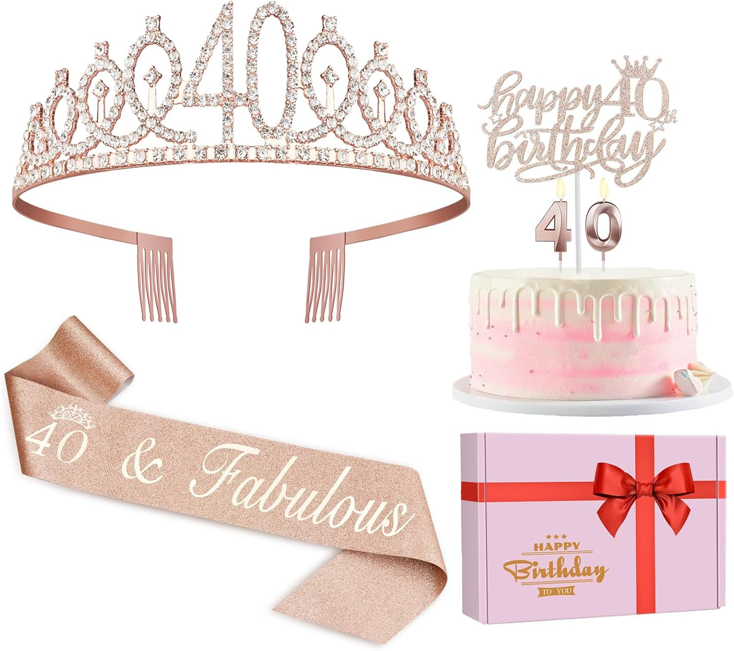 40th Birthday Decorations for Women, Including Crown/Tiara, Sash, Cake Topper and Candles, 40th Birthday Gifts Women