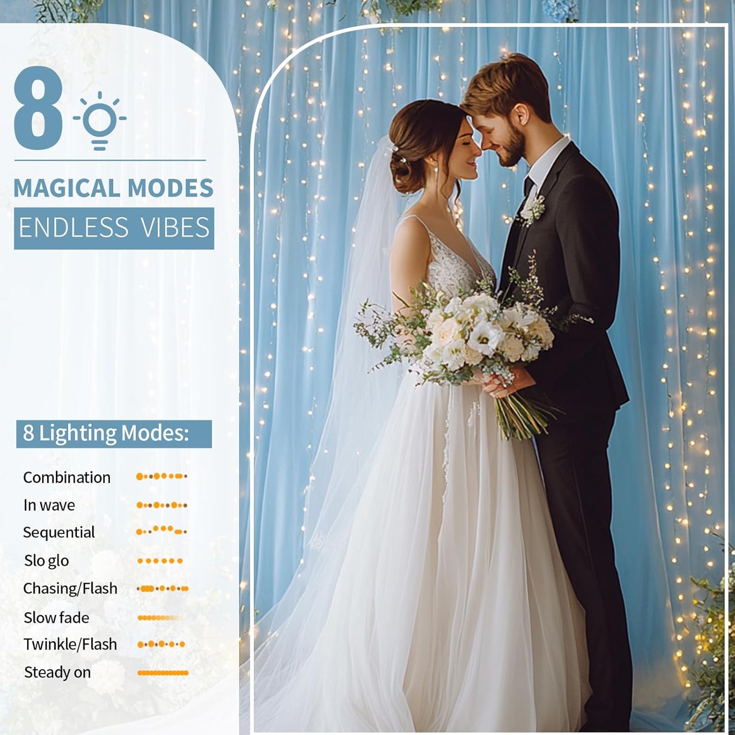 Baby Blue Tulle Backdrop Curtain with Lights String - 10x8ft Sheer Backdrop with 250 LEDs for Wedding, Baby Shower, Bridal Shower, Birthday Party Photo Shoot Background and Home Decorations