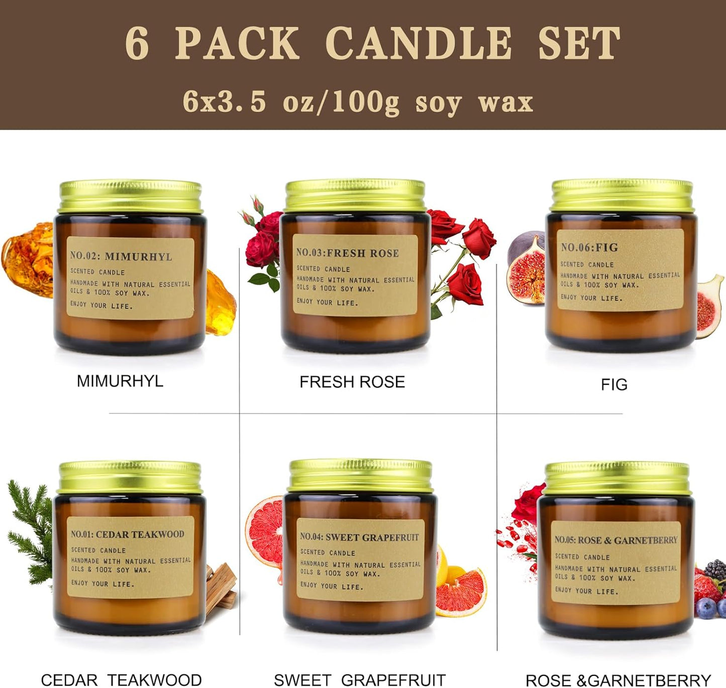 6 Pack Candles for Home Scented, Aromatherapy Candles Gifts for Women, Natural Soy Wax Long Lasting Amber Jar Candles Set for Men, Gifts for Birthday, Valentine's, Mother's, Anniversary, Christmas