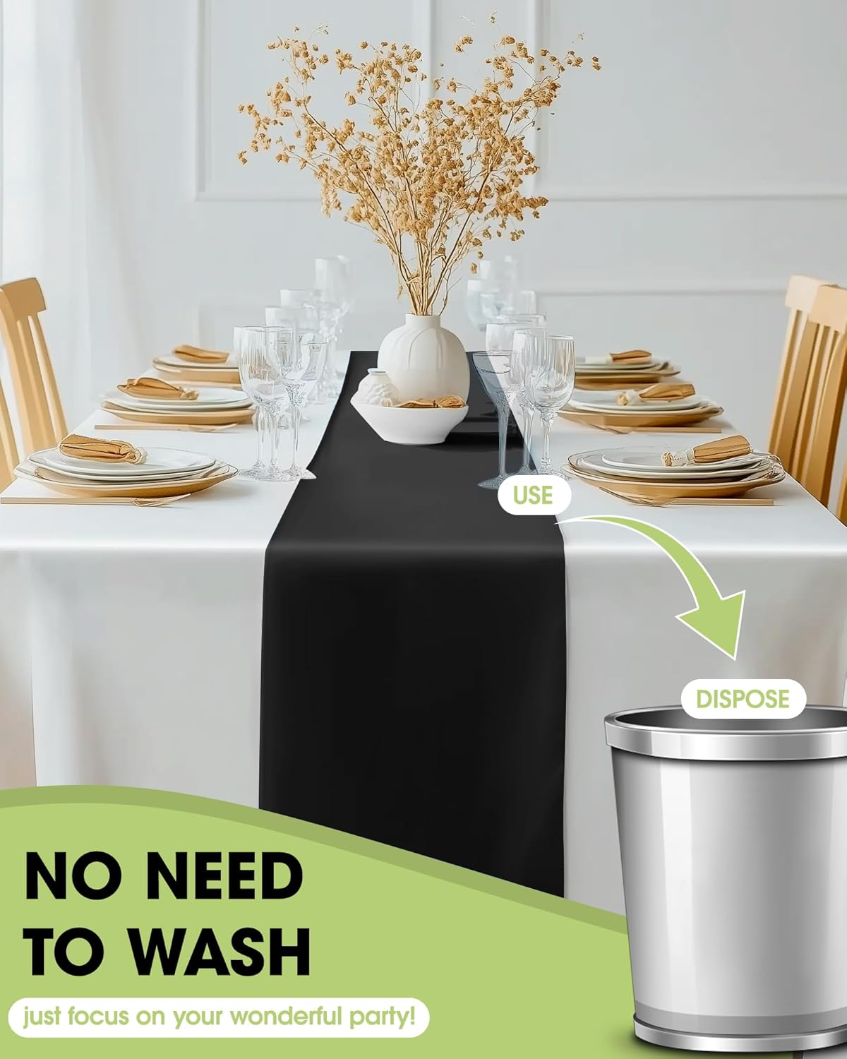 Pureegg Black Plastic Table Runners - 10 Pack, 14'' x 108'', Water Resistant & Disposable Centerpiece Decorations for Table Cloth, Wedding, Birthday, Holiday, Baby Shower, Party, Home Decor