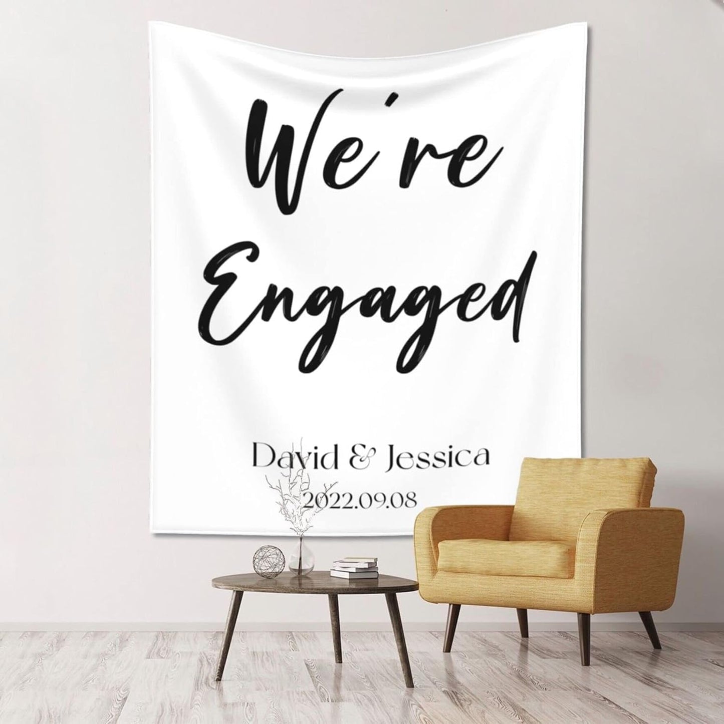 We're Engaged Backdrop, Custom Tapestry with Names and Date, Personalized Calligraphy Wedding Banner for Ceremony, Engagement Backdrop, Rustic Wedding Sign, Reception Backdrop, Engagement Party Decor