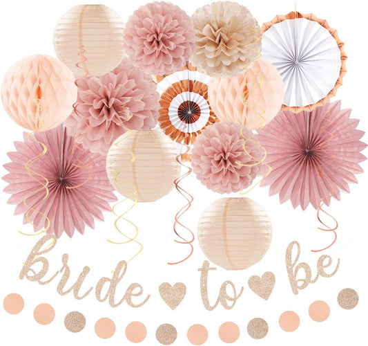 Blush-Pink Rose-Gold Bridal-Shower Party Decorations - 21pcs Bride to Be Sign Banner,Bachelorette Paper Lanterns Honeycomb,Wedding Streamers Garland,Fall Tissue Pom Poms Fans Decor Supplies Burgleda