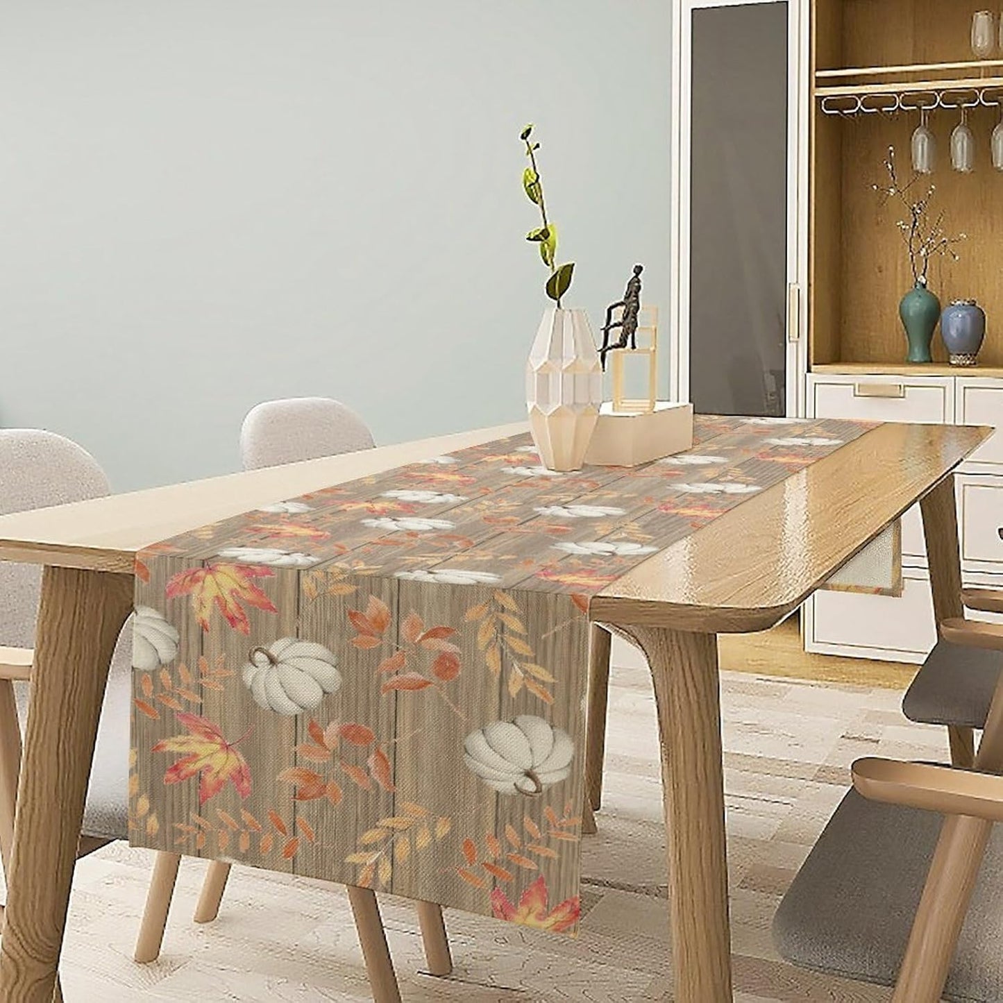 Autumn Table Runner,Pumpkins Maple Leaves Wood Fall r Seasonal Table Runner Kitchen Dining Table Decoration for Home Party Decor 13x36 Inch