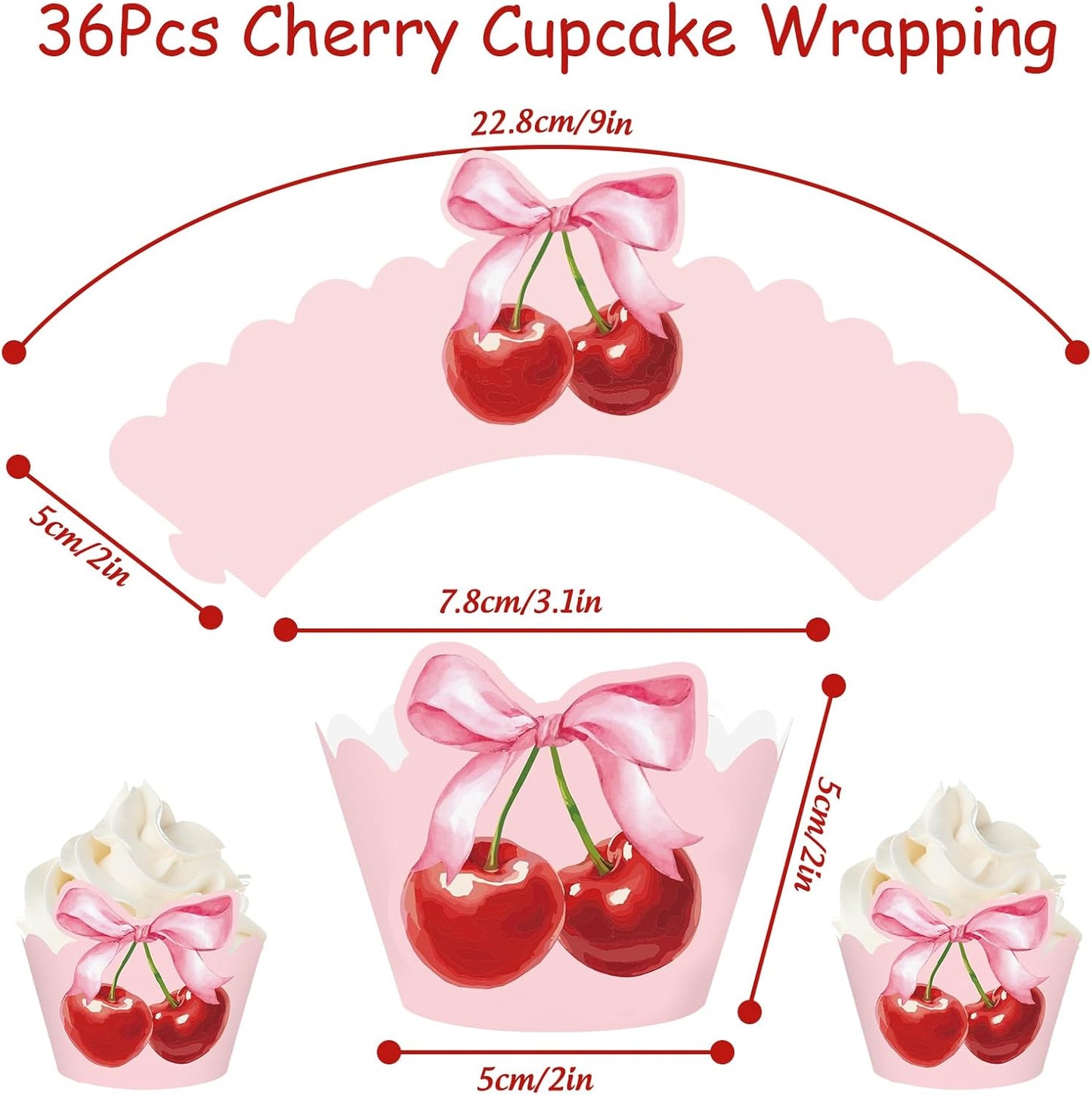 36Pcs Pink Bow Cherry Cupcake Wrappers Pink Red Bowknot Cherry Cupcake Liners Sweet Decorative Dessert Holders for Birthday Baby Shower
