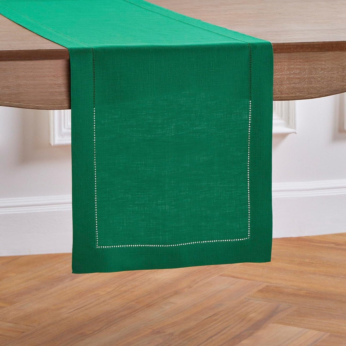 Solino Home Linen Hemstitch Table Runner 108 Inches Long - 100% Pure Linen Emerald Green Table Runner 14 x 108 Inch for Christmas - Classic Hemstitch