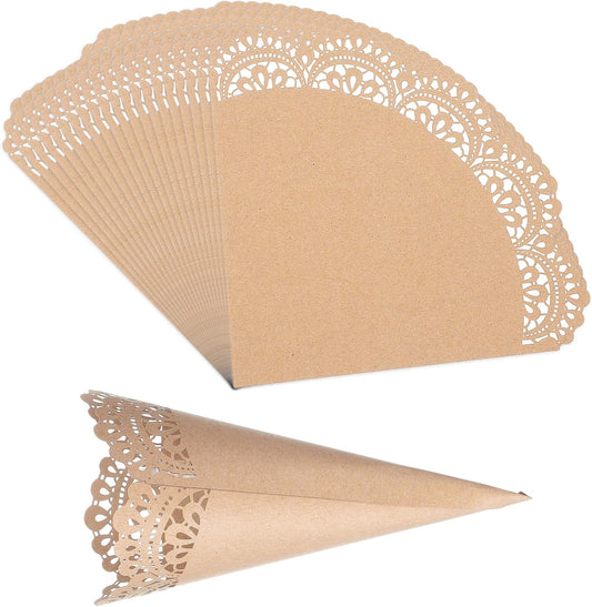 PATIKIL Wedding Confetti Cones, 50 Pcs Paper Tapers Hollow Print Lace Cone Bouquet for Party Candy Gift Boxes Chocolate Bags Buffet Bachelor Party Petals, Brown