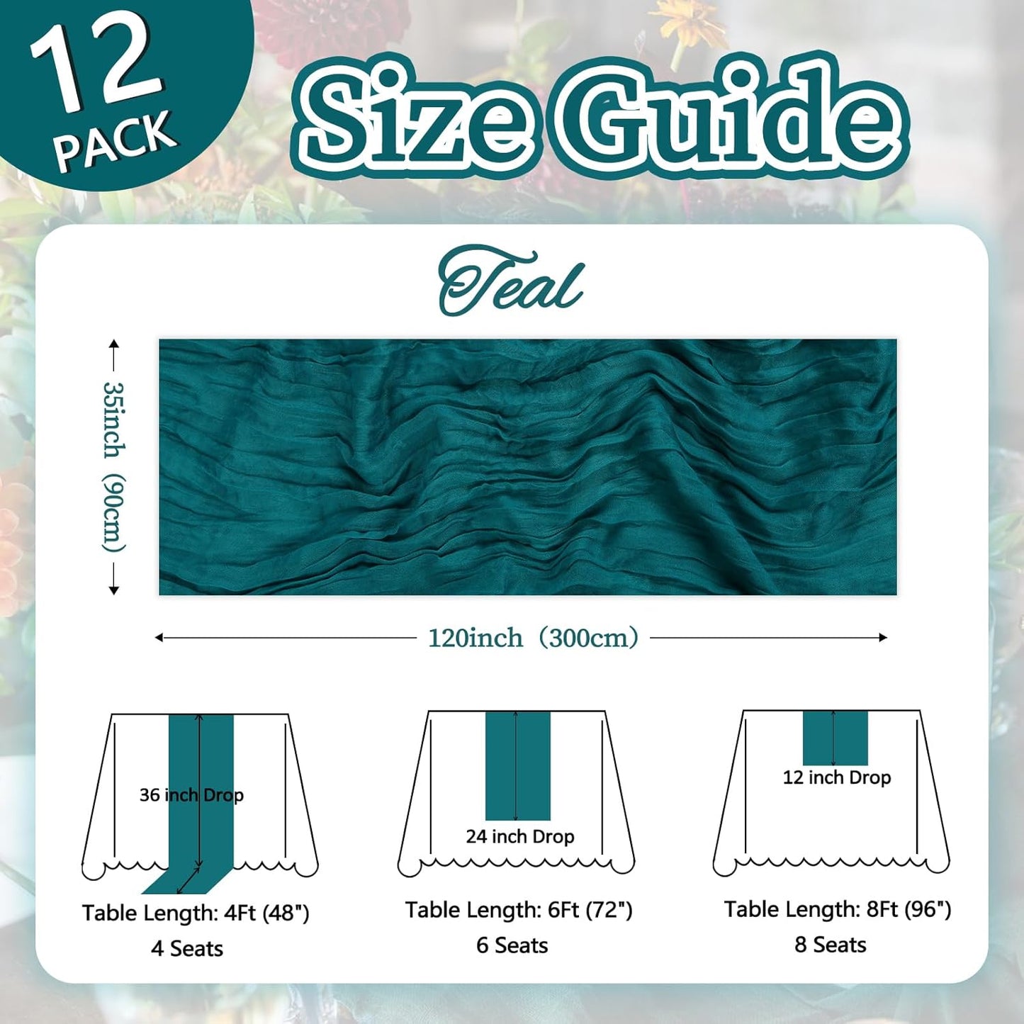 12 Pack Teal Cheesecloth Table Runner 10ft Boho Gauze Fabric Cheese Cloth Table Runner 35 x 120 Inch Rustic Sheer Runner for Romantic Wedding Decor Baby Shower Party Table Centerpiece Decoration