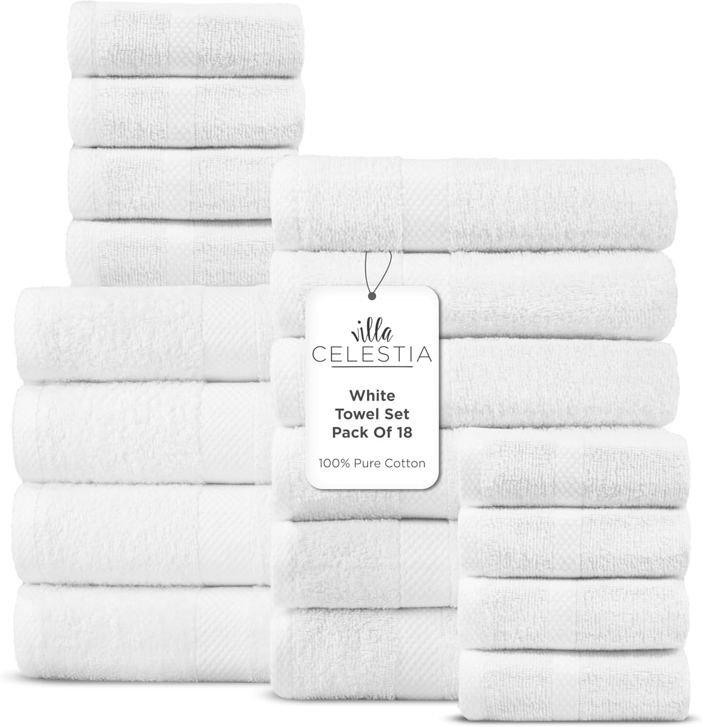 100% Cotton Bath Towel Set of 18-4 Bath Towels, 6 Hand Towels, 8 Wash Cloths, Sustainable, Soft, Highly Absorbent, Combed Cotton 18 Piece Set for Hotels, Spa, Bathroom, Dorm, White