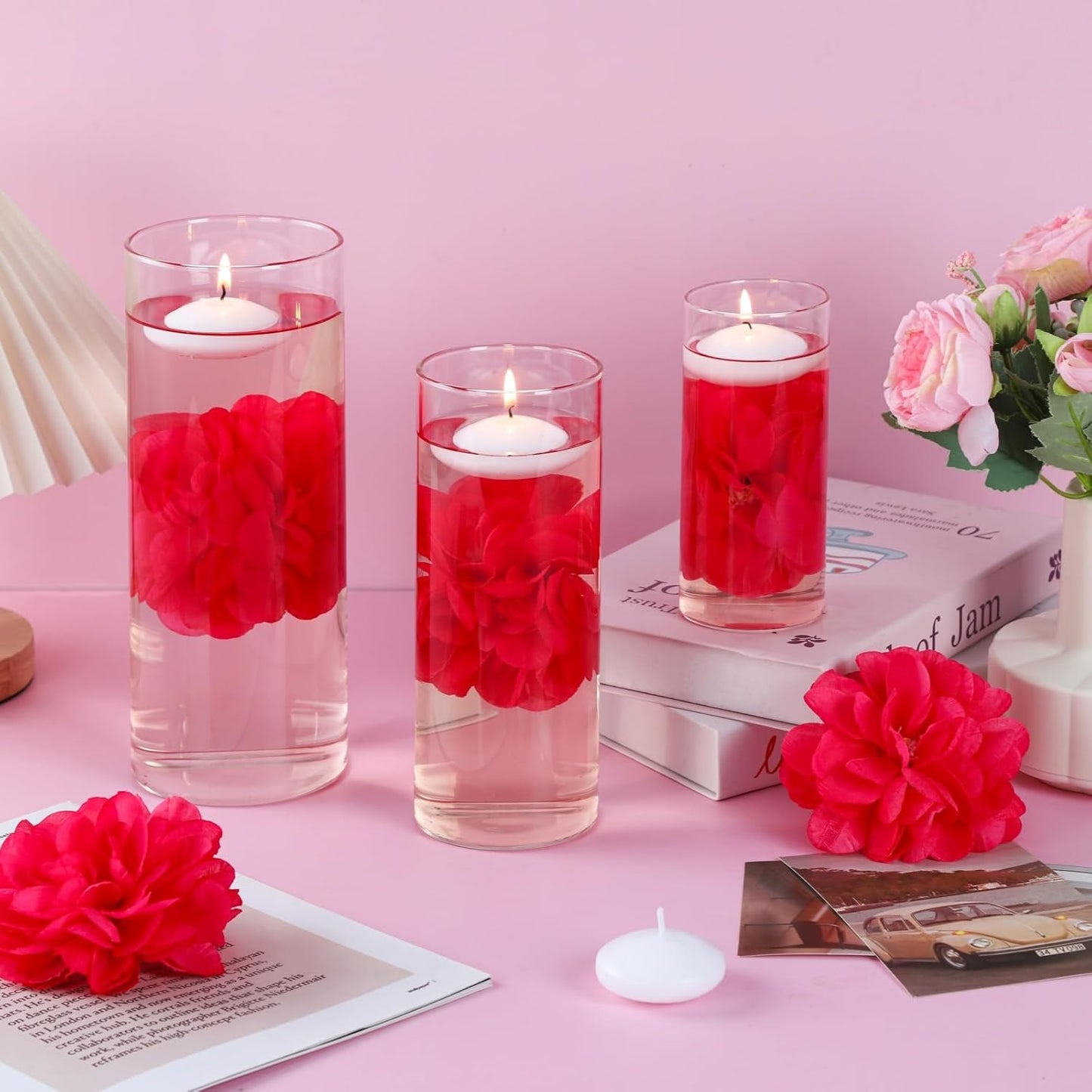 24 Pcs Floating Candles for Centerpieces and Floating Flowers Vase Fillers for Centerpieces Rose Red Artificial Flowers for Wedding Table Party Home Decoration