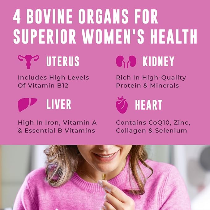 Beef Organ Supplement for Women - Beef Liver, Kidney, Heart and Uterus Tissue, Supports Women's Overall Energy and Health - Pasture Raised in New Zealand - No Fillers or Flow Agents - 120 Capsules