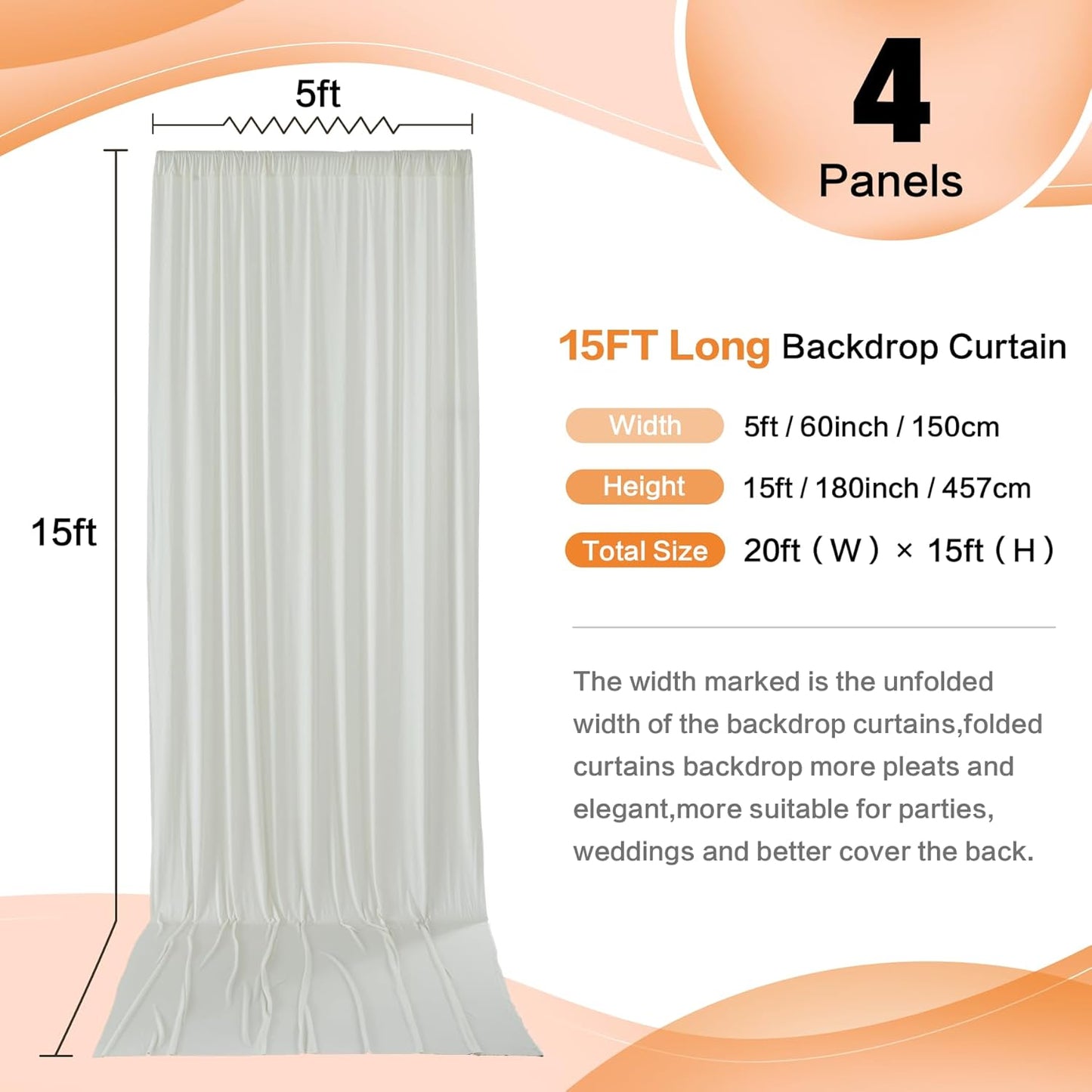 20ft x 15ft Ivory Wrinkle Free Backdrop Curtains for Parties,Silky Polyester Fabric Wedding Ceiling Drapes, 4 Panels 15ft Photo Back Drop Drapes for Baby Shower Photography Stage Background Cloth