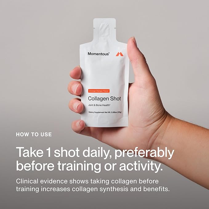 Momentous Collagen Shot Supplement - Hydrolyzed Bovine Collagen & Vitamin C to Help Support Joint, Bone, & Connective Tissue Health - NSF Certified for Sport - Mango Orange - 25g/Serving - 15 Servings