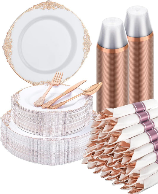 Goodluck 350 Piece Rose Gold Plastic Dinnerware Set for 50 Guests,Fancy Disposable Plates,Include: 100 Rose Gold Rim Plastic Plates,150 Silverwares,50 Pre Rolled Napkins,50 Cups for Party,Wedding