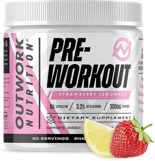 Outwork Nutrition Pre Workout Powder for Men & Women - Pre-Workout Supplements Without Creatine, Nootropic Preworkout with Citrulline Malate Beta Alanine Taurine Rhodiola Caffeine(Strawberry Lemonade)