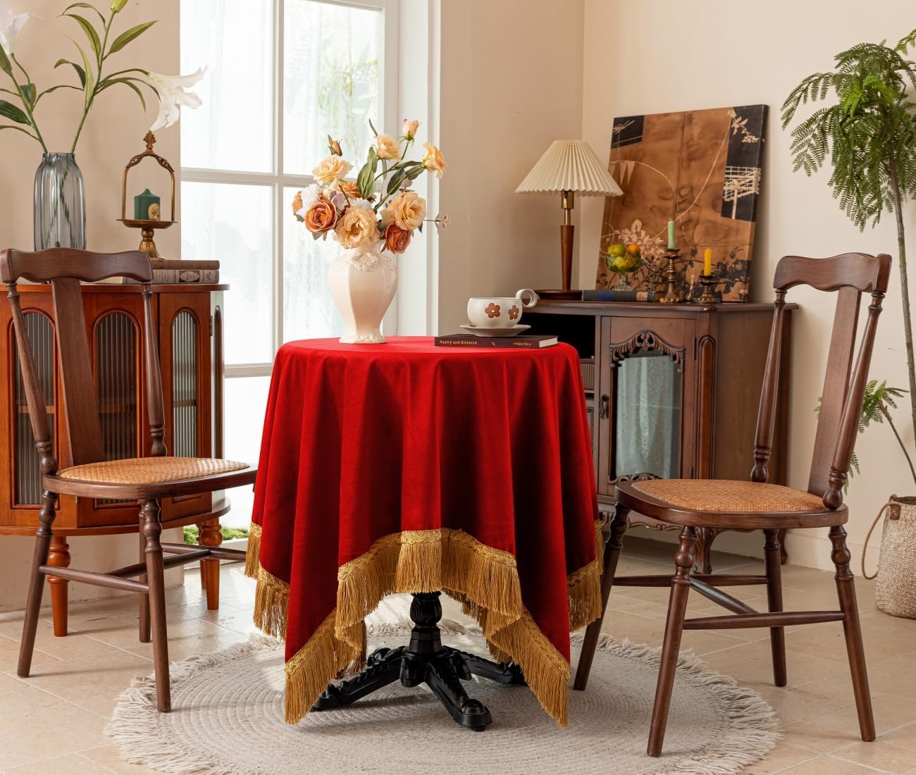 F-CHU Small Square Tablecloth 36 x 36 Inch Velvet Christmas Table Cloth Solid Red Small Round Table Cover for Nightstand End Bedside Table Tabletop Decoration，Red Tablecloth