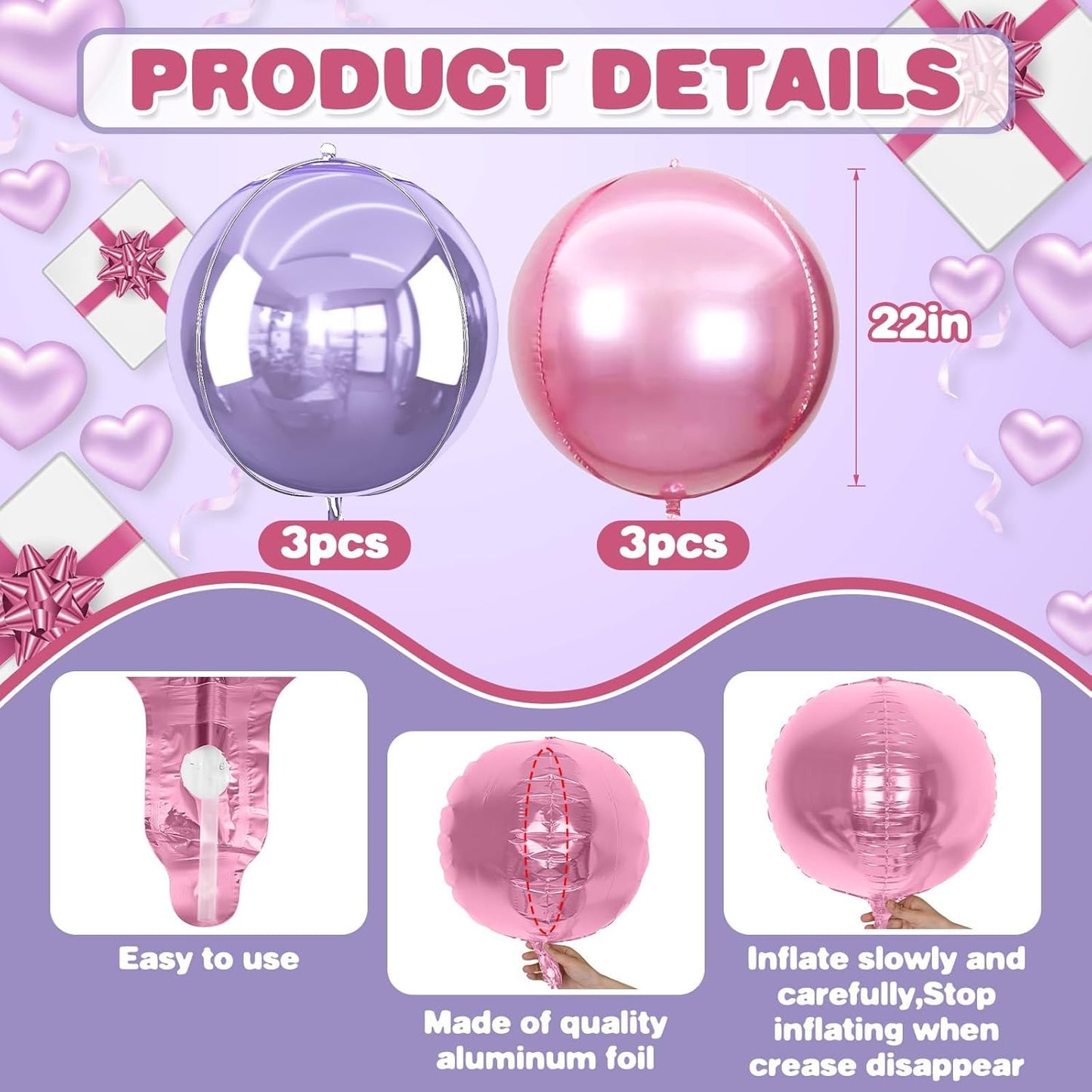 6Pcs Pink purple Round Foil Balloons,Giant 4D Round Ball Balloon,22 Inch Metallic Pink purple Balloons for Birthday Wedding Prom Party Decorations