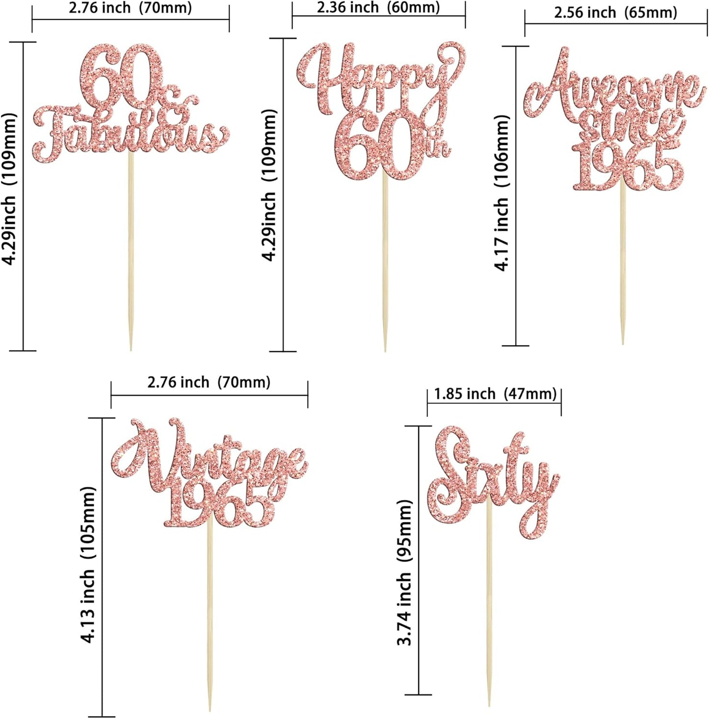 30Pcs Vintage 1965 Cupcake Toppers Glitter Sixty 60 Fabulous Happy 60th Birthday Cupcake Picks Cheers to 60 Years for 60th Birthday Anniversary Party Cake Decorations Supplies Rose Gold