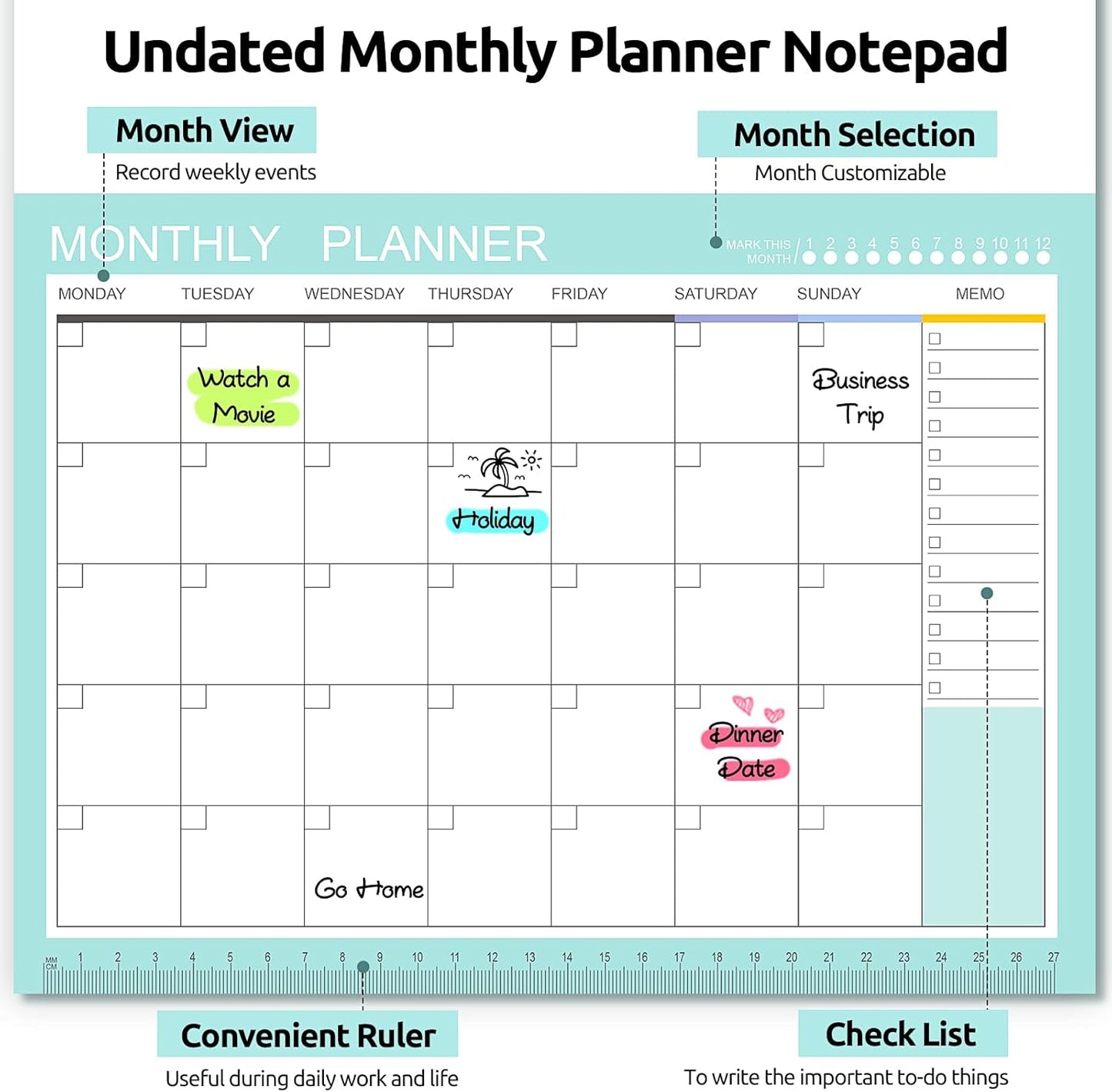 Phyxin Undated Planner, 54 Sheets Blank Calendar, 11.2" x 8.3" Monthly Calendar Planner, Tear Off Undated Monthly Planner with Memo for Women, Students, Teachers, Green