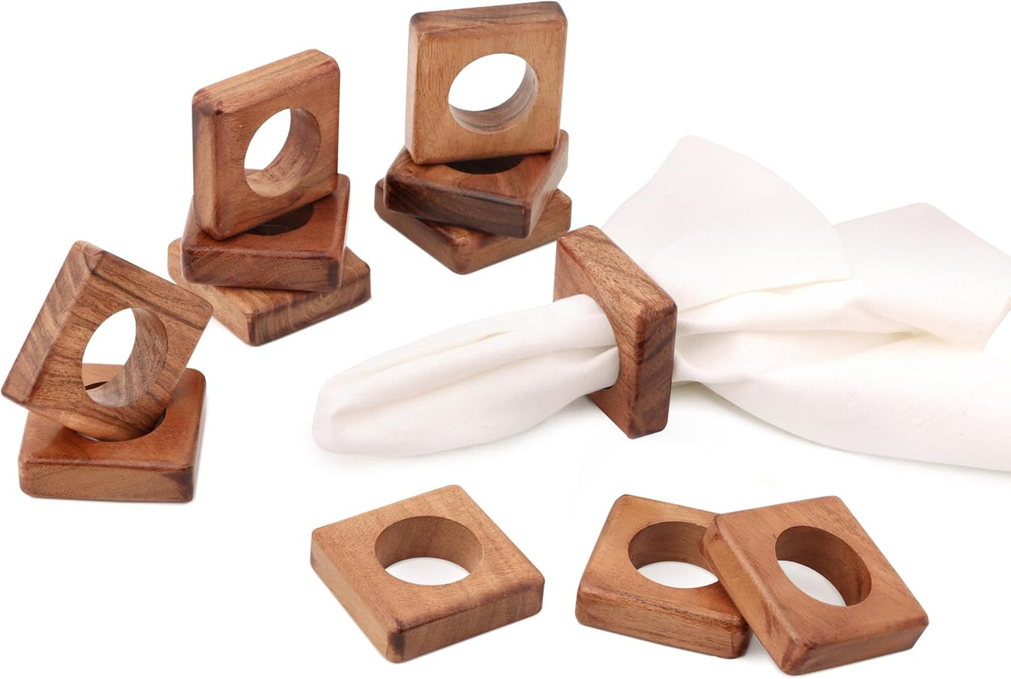 Wooden Napkin Rings Set of 12 Fall Decor for Home Square Acacia Wood Napkin Holders for Dining Table Settings Wood Napkin Ring Rustic Table Décor for Weddings, Parties, and Everyday Use - CLEENTABLE