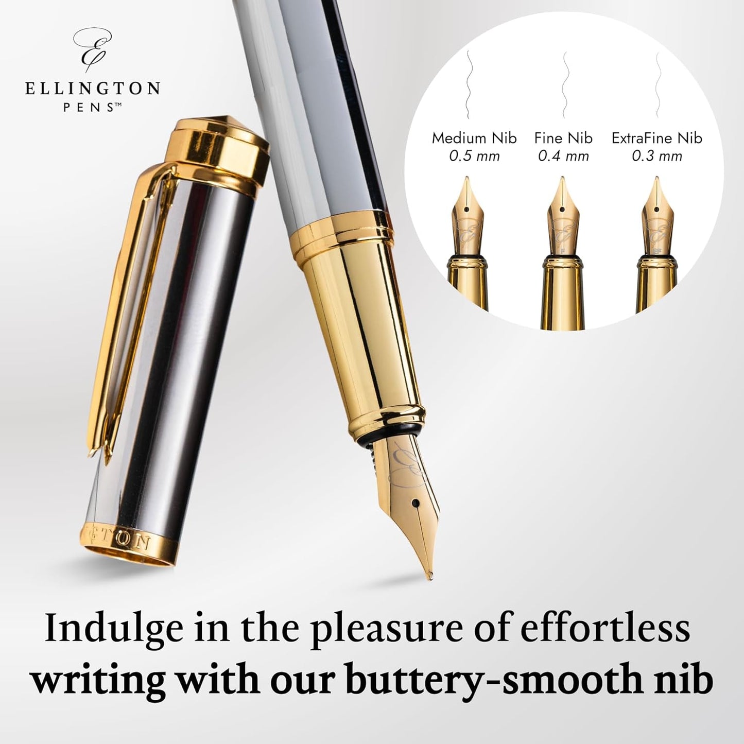 Ellington Pens Luxury Fountain Pen Set- Fountain Pens for Writing - Smooth Extra Fine Nib - Includes Refillable Ink Converter, 3 Ink Cartridges [Black & Blue], Gift Box - Elegant Calligraphy