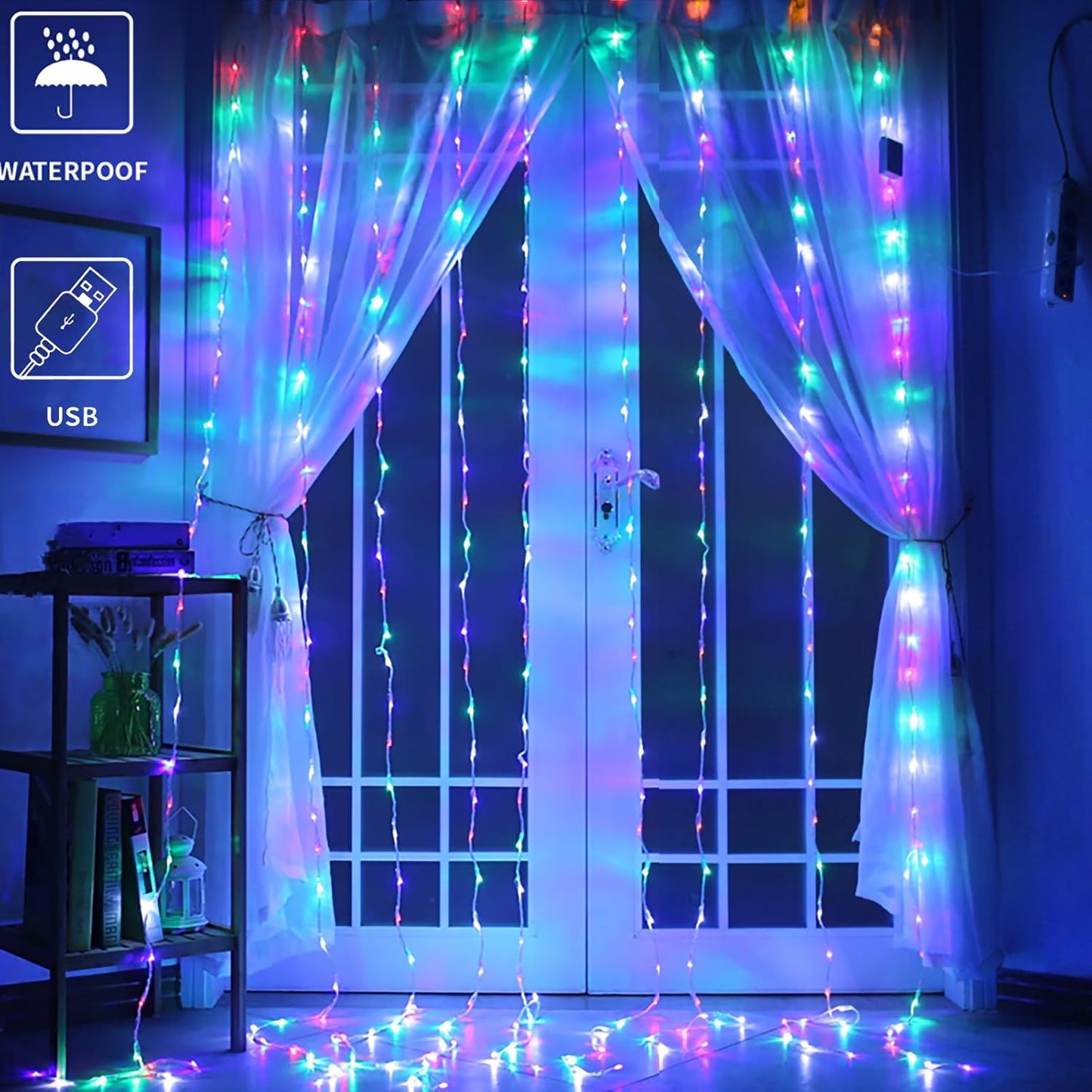 YEOLEH String Lights Curtain,USB Powered Fairy Lights for Party Bedroom Wall,8 Lighting Modes & IP64 Waterproof Ideal for Wedding Valentines Day Decor (Multi-Colored,7.9Ft x 5.9Ft)