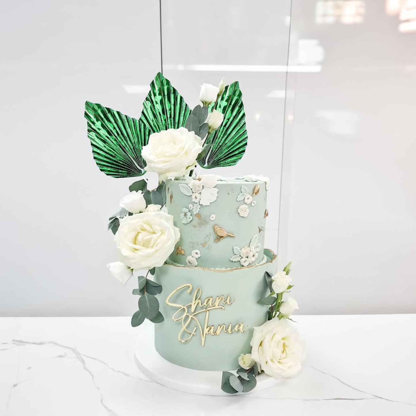 Ephlyn 6Pcs Paper Palm Leaves Fan Cake Toppers Palm Leaf Fan Cake Picks Craft DIY Fan Cupcake Toppers Palm Spear Leaves Cake Decorations for Baby Shower Wedding Birthday Party Supplies Bright Green